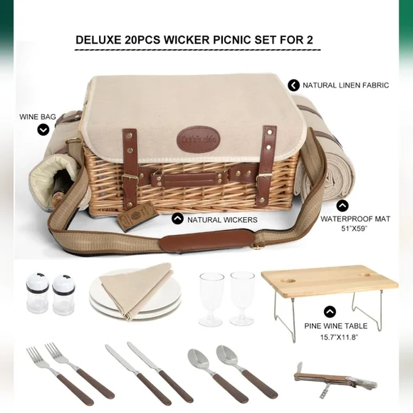Multifunctional Wicker Picnic Basket Set for 2 with Blanket & Picnic Table - Picture 6 of 11
